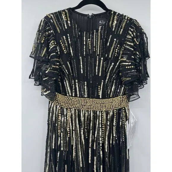 Mac Duggal 93582 Flare Sleeve‎ Embellished Dress Black Gold Cap Sleeve - flaws - Picture 5 of 11